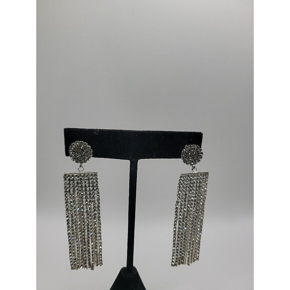 Vintage Silver Tone Rhinestone Tassel Fringe Dangle Earrings Glam Cocktail - Picture 2 of 12